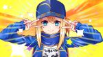  1girl absurdres ahoge artoria_pendragon_(all) bangs baseball_cap blonde_hair blue_eyes blue_jacket blue_scarf blush breasts closed_mouth double_v emotional_engine_-_full_drive fate/grand_order fate_(series) hair_between_eyes hair_through_headwear hands_up hat highres inarin_(user_tgfg4783) jacket light_rays long_hair long_sleeves looking_at_viewer mysterious_heroine_x name_tag open_clothes open_jacket parody ponytail rojiura_satsuki:_chapter_heroine_sanctuary scarf shirt sidelocks small_breasts smile solo sparkle star track_jacket v white_shirt 