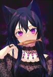  1girl achiki animal_ears black_background black_dress black_hair brooch cat_ears cat_girl choker dress earrings fish hand_up jewelry long_hair looking_at_viewer mouth_hold original purple_theme see-through slit_pupils solo upper_body violet_eyes 