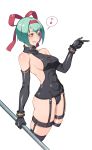  1girl abs bare_shoulders black_gloves blush covered_nipples elbow_gloves gloves green_hair hair_ribbon highres holding holding_weapon metal_slug_attack musical_note red_ribbon ribbon short_hair simple_background smile solo speech_bubble teeth weapon whisker_markings white_background yellow_eyes zipper zipper_pull_tab zzzearly 