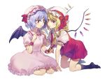  2girls ascot bangs bat_wings black_legwear blonde_hair blue_hair blush bow crystal dress eye_contact eyebrows_visible_through_hair flandre_scarlet food food_in_mouth frilled_shirt_collar frills hair_between_eyes hand_on_another&#039;s_shoulder hand_up hat hat_bow hat_ribbon highres holding holding_food incest kneehighs kneeling long_hair looking_at_another miniskirt misha_(hoongju) mob_cap mouth_hold multiple_girls one_side_up parted_lips pink_dress pink_headwear pleated_skirt pocky puffy_short_sleeves puffy_sleeves red_bow red_eyes red_ribbon red_skirt red_vest remilia_scarlet ribbon seiza short_hair short_sleeves siblings simple_background sisters sitting skirt skirt_set touhou vest white_background white_headwear wings wrist_cuffs yellow_neckwear yuri 