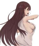  1girl armpits ass back bare_shoulders blush braid breasts brown_hair closed_eyes fuyono_neru girls_frontline highres long_hair open_mouth sideboob sidelocks simple_background sleeveless solo teeth wa2000_(girls_frontline) white_background 
