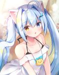  1girl ahoge animal_ear_fluff animal_ears bangs bare_shoulders blue_eyes blue_hair blurry blurry_background blush breasts brown_eyes cat_ears collarbone commentary_request depth_of_field dress eyebrows_visible_through_hair fang hair_between_eyes hair_intakes hair_ornament hairclip heterochromia highres long_hair looking_at_viewer masayo_(gin_no_ame) off-shoulder_dress off_shoulder original parted_lips sidelocks small_breasts solo twintails very_long_hair white_dress yellow_eyes 