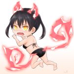  1girl ass back bangs barefoot beige_background bikini black_bikini black_hair blush breasts chibi claw_pose en&#039;en_no_shouboutai eyebrows_behind_hair facing_viewer fiery_ears fiery_tail fire from_behind fujito_(call_f_) full_body gradient gradient_background hair_between_eyes highres looking_at_viewer medium_breasts midriff no_jacket no_pants no_shoes open_mouth outline sidelocks signature simple_background solo swimsuit tail tamaki_kotatsu tears twintails wavy_mouth white_background yellow_eyes 