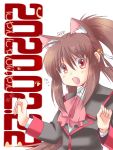  1girl animal_ears artist_name ascot brown_hair cat_day cat_ears commentary_request dated little_busters!! long_hair looking_at_viewer natsume_rin open_mouth ponytail red_eyes red_neckwear school_uniform scp solo white_background 