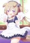  1girl :d animal_ears apron azur_lane bangs bell bell_choker black_choker black_dress blurry blurry_background blush brown_hair candy_hair_ornament candy_wrapper cat_day choker commentary_request crescent crescent_hair_ornament depth_of_field dog_ears dog_girl dog_tail dress eyebrows_visible_through_hair fang food_themed_hair_ornament frilled_apron frills gloves hair_between_eyes hair_ornament hairclip heart highres jingle_bell koko_ne_(user_fpm6842) long_hair looking_at_viewer maid maid_headdress nagatsuki_(azur_lane) nagatsuki_(dangerous_kitty_maid?)_(azur_lane) open_mouth paw_gloves paws puffy_short_sleeves puffy_sleeves short_sleeves side_ponytail skindentation smile solo tail thigh-highs very_long_hair violet_eyes white_apron white_gloves white_legwear 