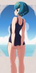  1girl absurdres arms_behind_back ass back bangs blue_eyes blue_hair blue_swimsuit blush breasts clouds eyebrows_visible_through_hair from_behind hairband highres huge_filesize looking_at_viewer looking_back melonyogurt ocean one-piece_swimsuit pokemon pokemon_(game) pokemon_sm school_swimsuit short_hair small_breasts smile solo suiren_(pokemon) swimsuit trial_captain 