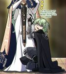  1boy 1girl armor artist_name black_gloves byleth_(fire_emblem) byleth_eisner_(male) dress english_text fire_emblem fire_emblem:_three_houses from_side gloves green_hair highres kinkymation long_hair long_sleeves looking_to_the_side open_mouth rhea_(fire_emblem) short_hair squatting 
