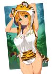  1girl ahoge animal_ears animal_hood animal_print armpits arms_up bangs blush breasts bush commentary_request green_eyes hood hoodie large_breasts long_hair looking_at_viewer orange_hair original ryoji_(nomura_ryouji) sideboob sleeveless sleeveless_hoodie smile solo tail thigh-highs tiger_ears tiger_print tiger_tail toranoana wet 