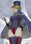 1girl aircraft ariverkao black_gloves blonde_hair blue_eyes breasts cloak closed_mouth dated dirigible gloves hand_on_hip hat large_breasts leotard lips looking_to_the_side original patreon_logo short_hair signature silhouette solo thigh-highs uniform watermark web_address 