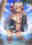  1girl absurdres amatsukaze_(kantai_collection) bikini black_bikini blush breasts brown_eyes fang frilled_bikini frills garter_straps hair_tubes hairband hand_up highres jacket kantai_collection kneeling long_hair looking_at_viewer open_clothes open_jacket open_mouth shiina_aoi silver_hair skin_fang small_breasts smile solo striped striped_legwear swimsuit thigh-highs two_side_up windsock 