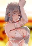  1girl :d absurdres arm_up babydoll bangs bare_shoulders bishi_(bishi) black_ribbon blunt_bangs blurry blurry_background blush breasts choker elbow_gloves eyebrows_visible_through_hair fanbox_reward girls_frontline gloves hair_ribbon halterneck hand_on_own_chest hand_up highres jewelry lace lace_choker lace_gloves large_breasts looking_at_viewer open_mouth paid_reward ribbon ring rpk-16_(girls_frontline) short_hair sideboob silver_hair skindentation smile solo underwear upper_body violet_eyes wedding_band white_choker white_gloves 