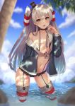  1girl absurdres amatsukaze_(kantai_collection) beach black_panties blue_sky blush breasts brown_dress brown_eyes clouds dress garter_straps hair_tubes hairband highres kantai_collection long_hair looking_at_viewer ocean open_clothes open_mouth palm_tree panties sailor_dress shiina_aoi short_dress sitting sky small_breasts smile solo striped striped_legwear thigh-highs tree two_side_up underwear 