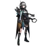  1girl arknights bangs black_footwear black_legwear boots bow_(weapon) breasts choker cloak closed_mouth compound_bow crossbow feathers full_body gloves green_eyes grey_hair greythroat_(arknights) hair_feathers hair_ornament headset heibaise_jiangshi holding holding_bow_(weapon) holding_weapon large_breasts looking_at_viewer official_art shirt short_hair sidelocks single_knee_pad solo tachi-e transparent_background weapon white_shirt 