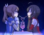 2girls :d ^_^ ahoge armor black_armor black_hair blush brown_eyes brown_hair caracol chin_rest closed_eyes commentary crazy_straw cup drinking_straw elbows_on_table glass gloves hair_ornament hair_ribbon hands_on_own_face heart_straw itai_no_wa_iya_nano_de_bougyoryoku_ni_kyokufuri_shitai_to_omoimasu long_hair looking_at_another maple_(bofuri) maple_(itai_no_wa_iya_nano_de_bougyoryoku_ni_kyokufuri_shitai_to_omoimasu) multiple_girls night night_sky open_mouth outdoors ponytail ribbon sally_(bofuri) sally_(itai_no_wa_iya_nano_de_bougyoryoku_ni_kyokufuri_shitai_to_omoimasu) scarf short_hair sky smile sparkle star_(sky) starry_sky table tablecloth upper_body vambraces yuri