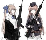  2girls blue_eyes bow brown_hair choker cross fal_(girls_frontline) fingerless_gloves girls_frontline gloves green_eyes gun hat highres holding holding_weapon jacket long_hair looking_at_viewer military military_hat military_uniform multiple_girls necktie rampart1028 serious shirt sig-510_(girls_frontline) uniform weapon white_shirt 