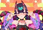  +_+ 1girl bangs bare_shoulders blush breasts chinese_clothes choker clothes_writing collarbone detached_sleeves double_v dudou earrings emotional_engine_-_full_drive eyeliner fate/grand_order fate_(series) forehead_jewel hands_up headpiece horns jewelry looking_at_viewer low_twintails makeup nagatani_(nagata2) oni oni_horns open_mouth orange_background parody purple_hair rope sash short_eyebrows short_hair short_twintails shuten_douji_(fate/grand_order) shuten_douji_(halloween_caster)_(fate) skin-covered_horns small_breasts solo star star_print symbol-shaped_pupils torii twintails v violet_eyes 