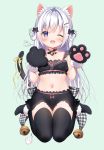  1girl ;d animal_ear_fluff animal_ears bare_shoulders bell black_legwear black_skirt cat_day cat_ears cat_girl cat_tail choker crop_top fang frills futaba_miwa gloves hair_ornament hair_rings hairclip hands_up jingle_bell long_hair looking_at_viewer midriff miniskirt navel no_shoes one_eye_closed open_mouth original paw_gloves paws ribbon silver_hair sitting skirt sleeveless smile solo tail tail_ribbon thigh-highs violet_eyes wariza zettai_ryouiki 