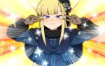  1girl bangs blonde_hair blue_eyes blush commentary_request double_v emotional_engine_-_full_drive eyebrows_visible_through_hair fate/grand_order fate_(series) flower fur_collar gloves grey_flower hair_flower hair_ornament hat highres long_hair long_sleeves looking_at_viewer reines_el-melloi_archisorte smile solo soxkyo v 