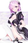 1girl alternate_costume artist_name black_dress breasts commentary_request dress enmaided fate/grand_order fate_(series) fuu_kotora hair_over_eyes hair_over_one_eye highres large_breasts lavender_hair looking_at_viewer maid maid_headdress mash_kyrielight short_hair short_sleeves smile solo thigh-highs thighs violet_eyes white_legwear wrist_cuffs 