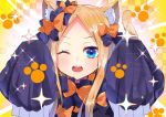  1girl abigail_williams_(fate/grand_order) akirannu animal_ear_fluff animal_ears bangs black_bow blonde_hair blue_eyes bow cat_ears cat_tail commentary_request emotional_engine_-_full_drive fate/grand_order fate_(series) hair_bow long_hair looking_at_viewer multiple_bows one_eye_closed orange_bow parted_bangs sleeves_past_fingers sleeves_past_wrists solo tail upper_teeth 