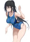  1girl black_hair blue_eyes blue_swimsuit breasts collarbone competition_swimsuit cowboy_shot highres large_breasts leaning_forward long_hair looking_at_viewer one-piece_swimsuit original parted_lips ponytail ryoutarou simple_background solo standing swimsuit thigh_gap white_background 