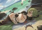  1girl absurdres azur_lane beach bird black_gloves boots breasts cirilla cross cross_earrings earrings gloves green_hair highres jewelry legwear_removed littorio_(azur_lane) long_hair looking_at_viewer military military_uniform ocean pantyhose red_eyes seagull solo uniform 