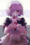 1girl alternate_costume bangs blood blood_on_face bloody_clothes bloody_hands blush bottle breasts commentary_request eyebrows_visible_through_hair fate/grand_order fate_(series) glasses hair_over_one_eye highres holding holding_bottle ketchup ketchup_bottle large_breasts lavender_hair looking_at_viewer maid maid_headdress mash_kyrielight mev puffy_short_sleeves puffy_sleeves short_hair short_sleeves smile solo tagme violet_eyes 