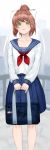  1girl absurdres alternate_costume bag blue_skirt brown_hair collarbone commentary doki_doki_literature_club eyebrows_visible_through_hair feet_out_of_frame green_eyes hair_ribbon highres holding holding_bag long_sleeves looking_at_viewer monika_(doki_doki_literature_club) odakojirou ponytail ribbon school_uniform serafuku skirt solo white_ribbon 