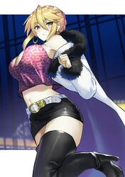  1girl ahoge artoria_pendragon_(all) artoria_pendragon_(lancer) bangs bare_shoulders belt black_footwear black_skirt blonde_hair blush boots braid breasts closed_mouth coat contemporary earrings fate_(series) french_braid fur-trimmed_coat fur_trim green_eyes hair_between_eyes high_heel_boots high_heels highres hoop_earrings jewelry large_breasts long_hair long_sleeves looking_at_viewer muunyan_(yumenekoya) navel off_shoulder open_clothes open_coat pink_camisole sidelocks skirt solo thigh-highs thigh_boots white_belt 