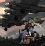  2girls aircraft anchor annin_musou bangs bird bismarck_(kantai_collection) blonde_hair blue_eyes blush breasts brown_gloves clouds elbow_gloves fairy_(kantai_collection) gloves hat he_111z highres iron_cross kantai_collection long_hair long_sleeves military military_uniform multiple_girls open_mouth outdoors peaked_cap pleated_skirt prinz_eugen_(kantai_collection) sitting skirt sleeveless smile thigh-highs tree twintails uniform white_gloves white_skirt 