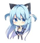  1girl :t animal_ear_fluff animal_ears bangs bare_arms bare_shoulders blue_eyes blue_hair blue_sailor_collar blue_skirt blush cat_day cat_ears cat_girl cat_hair_ornament cat_tail chibi closed_mouth eyebrows_visible_through_hair full_body hair_between_eyes hair_ornament holding holding_stuffed_animal long_hair looking_at_viewer midriff navel original pleated_skirt pout saeki_sora sailor_collar school_uniform serafuku shirt skirt sleeveless sleeveless_shirt solo standing striped striped_legwear stuffed_animal stuffed_fish stuffed_toy tail thigh-highs two_side_up very_long_hair wavy_mouth white_shirt 