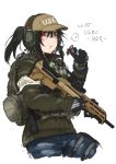  1girl ? assault_rifle ayyh backpack bag baseball_cap black_hair blush bullpup candy candy_bar commentary_request desert_tech_mdr ear_protection eating escape_from_tarkov food gun hat highres jacket leg_holster military_operator red_eyes reflex_sight rifle short_ponytail snickers tactical_clothes weapon white_background 