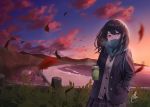  1girl absurdres black_hair black_jacket black_skirt clouds cloudy_sky commentary_request evening green_scarf highres holding jacket long_hair ocean original outdoors peppertomo scarf school_uniform signature skirt sky solo 