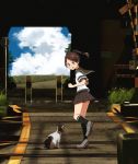  1girl 1other annin_musou black_legwear blue_sky brown_hair brown_sailor_collar brown_skirt cat clouds commentary_request day grey_footwear kantai_collection kneehighs outdoors ponytail railroad_crossing railroad_signal railroad_tracks sailor_collar scenery school_uniform serafuku shikinami_(kantai_collection) short_hair short_ponytail sign skirt sky smile tunnel 