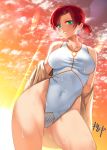  1girl aqua_eyes bangs bare_shoulders blush boudica_(fate/grand_order) breasts closed_mouth collarbone covered_navel earrings fate/grand_order fate_(series) highleg highleg_swimsuit highres jewelry kisaragi_(legobionicle23) large_breasts looking_at_viewer off_shoulder one-piece_swimsuit orange_sky redhead short_hair short_ponytail sky smile solo sunset swimsuit thighs wet 