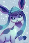  blue_eyes closed_mouth creature gen_4_pokemon glaceon highres looking_at_viewer no_humans orcaowl pokemon pokemon_(creature) signature smile snowing solo 