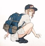  1girl bag blonde_hair closed_mouth highres kotoyama looking_at_viewer marvel original shoes short_hair simple_background smile sneakers solo white_background 