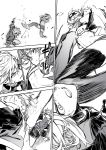  2girls absurdres battle belt earrings fur_trim gloves goggles goggles_on_head greyscale highres jewelry kicking medium_hair monochrome multiple_girls navel necktie original parted_lips punching reiga_(act000) shorts speed_lines sweat thigh-highs 