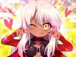  1girl absurdres bangs blush breastplate breasts capelet chloe_von_einzbern closed_mouth dark_skin double_v emotional_engine_-_full_drive eyelashes fate/grand_order fate/kaleid_liner_prisma_illya fate_(series) hair_between_eyes half_updo hands_up heart highres long_hair long_sleeves looking_at_viewer one_eye_closed parody pink_hair red_capelet shimejinameko shrug_(clothing) sidelocks small_breasts smile solo sparkle star tongue tongue_out v yellow_background yellow_eyes 