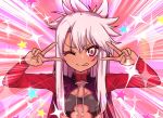  1girl absurdres bangs blush breastplate breasts capelet chawan_(yultutari) chloe_von_einzbern closed_mouth dark_skin double_v emotional_engine_-_full_drive fate/grand_order fate/kaleid_liner_prisma_illya fate_(series) hair_between_eyes hair_ornament hairpin half_updo hands_up highres long_hair long_sleeves looking_at_viewer one_eye_closed orange_eyes parody pink_background pink_hair red_capelet shrug_(clothing) sidelocks small_breasts smile solo sparkle star tongue tongue_out v 