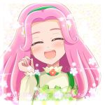  1girl :d cherrose closed_eyes flower hair_flower hair_ornament hairband hanami_kotoha long_hair mahou_girls_precure! open_mouth pink_hair precure smile solo 