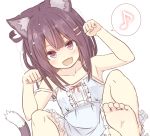  1girl :d animal_ear_fluff animal_ears armpits bangs bare_arms bare_shoulders barefoot blush bow breasts brown_eyes brown_hair cat_day cat_ears cat_girl cat_tail center_frills chinchin_kemokemo collarbone commentary_request dress eighth_note eyebrows_visible_through_hair fang feet frilled_dress frills fujisaki_yuu hair_ornament hairclip hands_up musical_note narugami_yuzuriha open_mouth paw_pose red_bow sleeveless sleeveless_dress small_breasts smile soles solo spoken_musical_note tail white_dress 