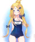  1girl abigail_williams_(fate/grand_order) absurdres bandaid_on_forehead bangs bare_shoulders black_bow blonde_hair blue_eyes blue_swimsuit blush bow breasts closed_mouth collarbone crossed_bandaids fate/grand_order fate_(series) forehead hair_bow hair_bun hand_on_own_chest highres huge_filesize kishita_yuu long_hair looking_at_viewer multiple_bows name_tag one-piece_swimsuit orange_bow parted_bangs small_breasts solo swimsuit thighs 