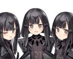  3girls bangs black_hair brown_eyes closed_mouth commentary_request eyebrows_visible_through_hair girls_frontline long_hair looking_at_viewer multiple_girls one_eye_closed open_mouth paradeus simple_background tianliang_duohe_fangdongye white_background 