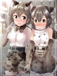  2girls :&gt; :d absurdres amemiya_neru animal_ear_fluff animal_ears bangs bare_shoulders blurry blurry_background blush bow bowtie breasts cat_ears character_request elbow_gloves extra_ears fang gloves grey_hair hair_between_eyes hair_twirling highres holding_hands interlocked_fingers kemono_friends medium_breasts multiple_girls nose_blush open_mouth outdoors print_gloves print_neckwear print_skirt shirt short_hair short_sleeves signature skirt smile thigh-highs white_shirt yellow_eyes yuri 