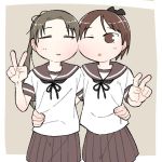  ayanami_(kantai_collection) brown_eyes brown_hair brown_sailor_collar brown_skirt cheek-to-cheek closed_eyes commentary_request cowboy_shot facing_viewer kantai_collection long_hair looking_at_viewer one_eye_closed ponytail sailor_collar school_uniform serafuku shikinami_(kantai_collection) short_hair side_ponytail skirt tsubutarou two-tone_background v 