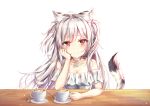  1girl animal_ears bare_shoulders beliatan blush cat_ears cat_tail closed_mouth coffee coffee_mug collarbone cup dress highlights latte_art long_hair looking_at_viewer mug multicolored_hair off-shoulder_dress off_shoulder original red_eyes redhead silver_hair smile solo spoon tail very_long_hair white_dress 
