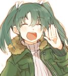  1girl blush casual closed_eyes coat eyebrows_visible_through_hair green_hair hair_between_eyes hand_up ina_(1813576) kantai_collection open_mouth ribbed_sweater sketch smile solo sweater twintails upper_body zuikaku_(kantai_collection) 