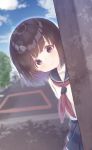  1girl bangs black_sailor_collar black_skirt blurry blurry_background blush brown_eyes brown_hair brown_neckwear closed_mouth commentary_request day depth_of_field dutch_angle eyebrows_visible_through_hair highres looking_at_viewer mimikaki_(men_bow) neckerchief original outdoors peeking_out pleated_skirt sailor_collar school_uniform serafuku shirt skirt smile solo white_shirt 