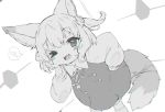  1girl animal_ears blurry blush blush_stickers dress eyebrows_visible_through_hair fang flower fox_ears fox_tail greyscale hair_flower hair_ornament hand_on_hip heart highres looking_at_viewer monochrome one_eye_closed open_mouth original ribbon smile solo speech_bubble tail teeth thigh-highs tongue zeru_(wisel_army) 